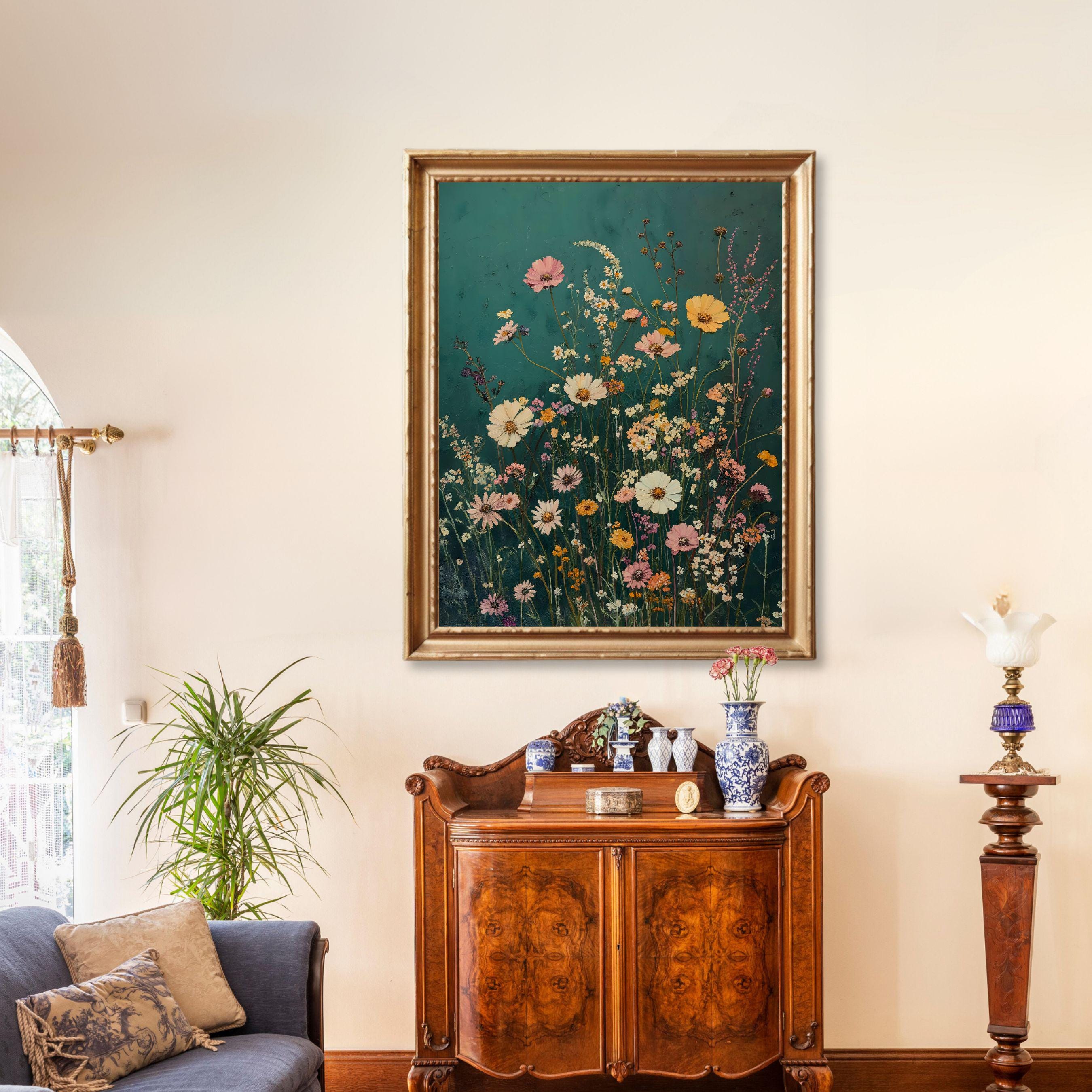 Dark Wildflowers Print, Botanical Landscape Painting, Emerald