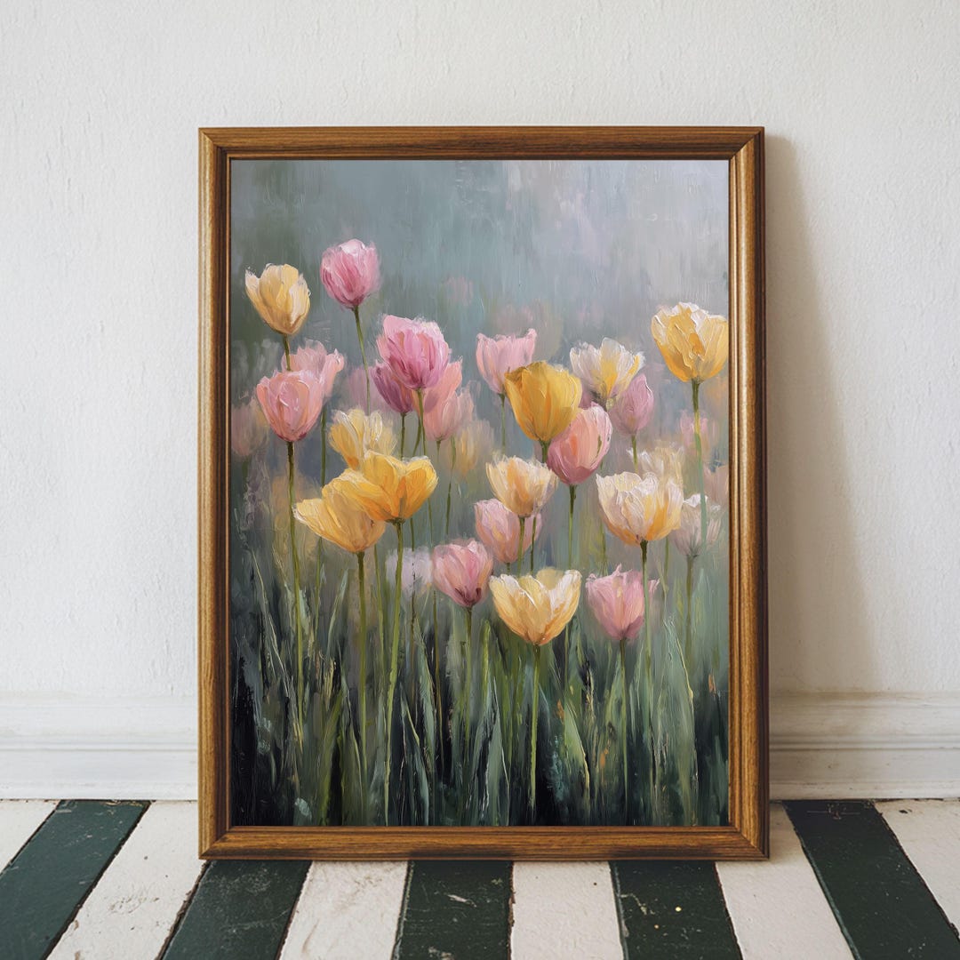 Pastel Tulip Meadow Wall Art, Spring Cottagecore Floral Painting, Soft ...
