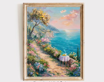 地中海風庭園の絵画、海岸の花と海のウォールアート装飾、海辺の風景プリント、ビーチハウスのリビングルームのボヘミアンホームスタイル