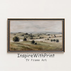 May include: A framed landscape painting depicts rolling hills and scattered trees under a cloudy sky. The artwork features muted greens, browns, and grays, with a dark, ornate frame. The text "InspireWithPrint" and "TV Frame Art" are at the bottom.