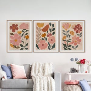 Midcentury Modern Boho Flower Wall Art Set of 3, MCM Flower Printable Boho Floral Art, Moody Botanical Art Decor, Nursery Boho Wall Art