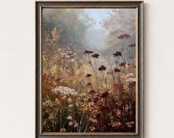 Puede incluir: Impresión artística enmarcada que representa un campo de flores silvestres en tonos amarillos, rosas y burdeos. La obra de arte tiene una estética vintage, con un fondo suave y borroso y un marco oscuro y ornamentado.