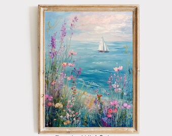 野花と帆船の絵画、海岸沿いのコテージの海の壁飾り、航海をテーマにしたビーチハウスのプリント、パステル調の夏の海景ギフト