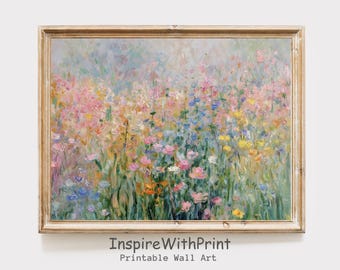ソフトパステルの野花の草原アート（印刷可能）、春の花畑の絵画、コテージ風ファームハウスの壁飾り、ムーディーな夏のデジタルダウンロード