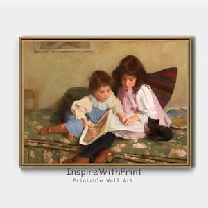 Vintage Little Girl Reading Print, Sisterhood Portrait Painting, Girl&#39;s Room Wall Art Printable, Kids Reading Book Art, Library Wall Art