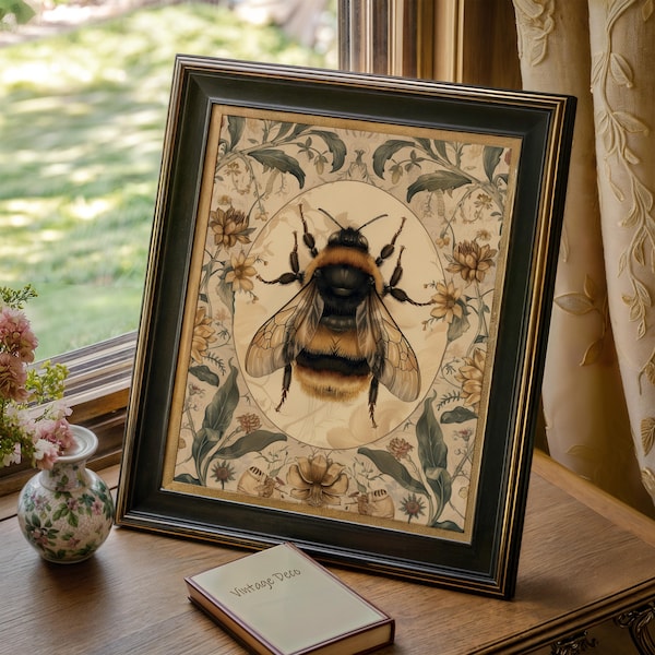 Vintage Bumble Bee Wall Art Print, Botanical Insect Illustration, Neutral Cottagecore Nature Decor, Farmhouse Digital Download Printables