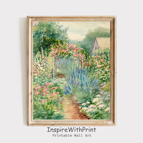 ヴィンテージの春の花の庭の絵画、デジタルダウンロードフランスの田舎のコテージの風景画、フランスのアンティークガーデンプリント、春の壁画