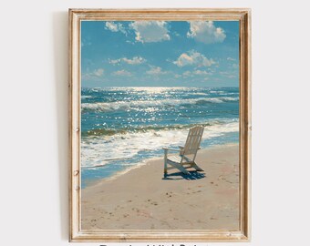 ビーチチェアと海の絵画、海岸の夏の壁掛けアートプリント、穏やかな海辺の装飾、リビングルームや寝室の海岸風ホームアクセント
