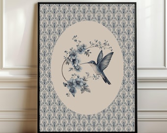 Vintage Kolibri Druck, launiger Vogel Druck, Geschenk für Vogelliebhaber, blauer Vogel Wand Kunst Cottage Core Druck, großartige tausendjährige Kunst