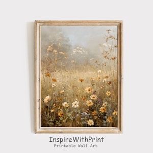 Vintage Fall Wildflower Meadow Print, Moody Wildflower Field Art Printable Neutral Fall Landscape Print, Farmhouse Autumn Cottagecore Art