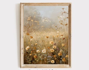 Vintage Fall Wildflower Meadow Print, Moody Wildflower Field Art Printable Neutral Fall Landscape Print, Farmhouse Autumn Cottagecore Art