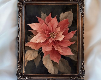 赤いポインセチアのクリスマス絵画、印刷可能な壁アート、暗い冬の花の
