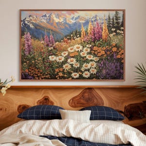 Mountain Wildflower Landscape Art Printable Spring Summer Wall Decor, Colorful Flower Meadow Field Painting Boho Mountain Landscape Wall Art