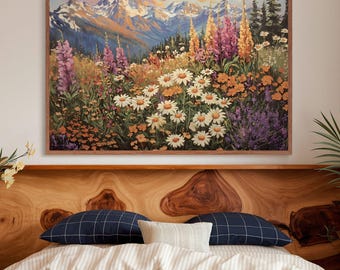 Mountain Wildflower Landscape Art Printable Spring Summer Wall Decor, Colorful Flower Meadow Field Painting Boho Mountain Landscape Wall Art
