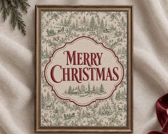 Vintage Christmas Toile Printable Wall Art, Merry Christmas Sign, Red Green Holiday Cottage Decor