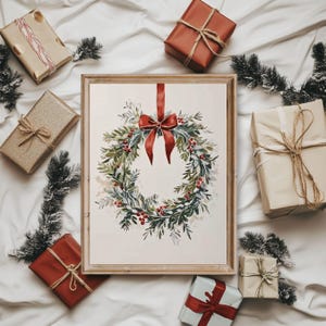 Vintage Christmas Wreath Print, Minimalist Christmas Printable Wall art, Christmas Wreath Painting, Holiday Festive Season Wall Art Decor