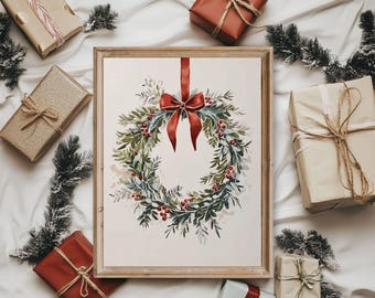 Vintage Christmas Wreath Print, Minimalist Christmas Printable Wall art, Christmas Wreath Painting, Holiday Festive Season Wall Art Decor