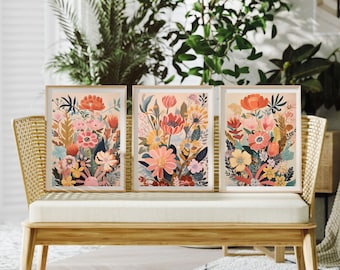 Midcentury Modern Boho Flowers Bouquet Wall Art Set of 3, Printable MCM Wall Art, Pastel Floral Botanical Print, MCM Living Room Decor