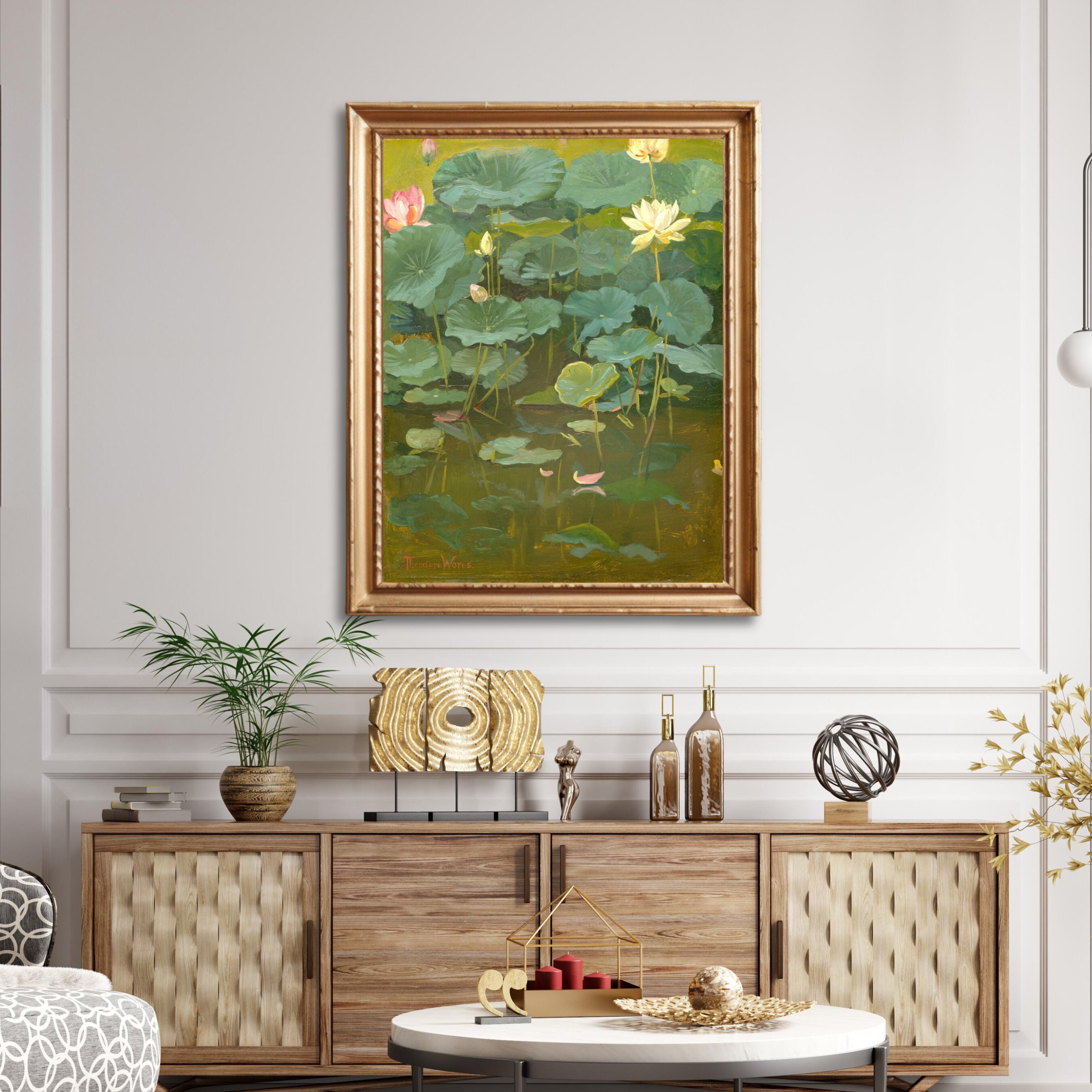Vintage Lotus Flower Painting, Digital Download Green Leaves Art, Yoga ...