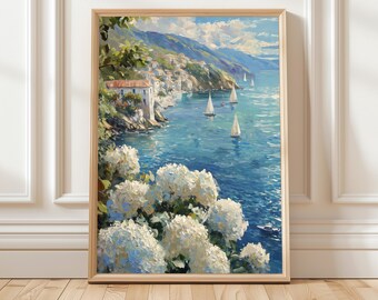 アジサイの地中海沿岸絵画、帆船の海の壁掛けアート装飾、ビーチハウスのリビングルーム向けの青い航海風景プリント
