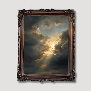 May include: A framed artwork featuring a dramatic sky with dark, ominous clouds and a burst of sunlight breaking through. A flock of birds flies across the illuminated area. The ornate, brown frame adds a classic touch to the artwork.