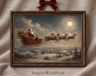 Vintage Santa Sleigh Wall Art, Moonlit Christmas Village Print, Painterly Winter Holiday Decor
