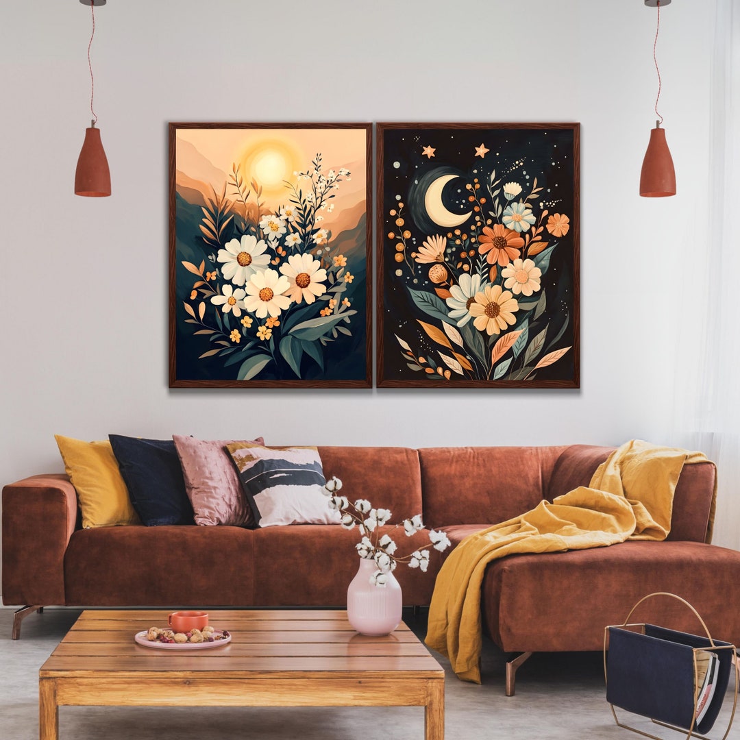 Boho Sun and Moon Print Set of 2, Midcentury Modern Earth Tone Wall Art ...