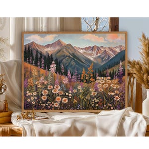 Mountain Wildflower Landscape Art Print, Boho Mountain Landscape Wall Art Printable  Colorful Flower Field Art, Spring Meadow Field Painting