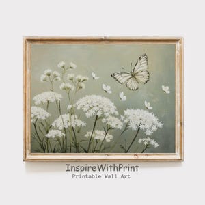 Flower and Butterfly Art Print, White Floral Printable Sage Green Wall Art, Moody Wildflower Print, Cottage Core Flower Botanical Wall Decor