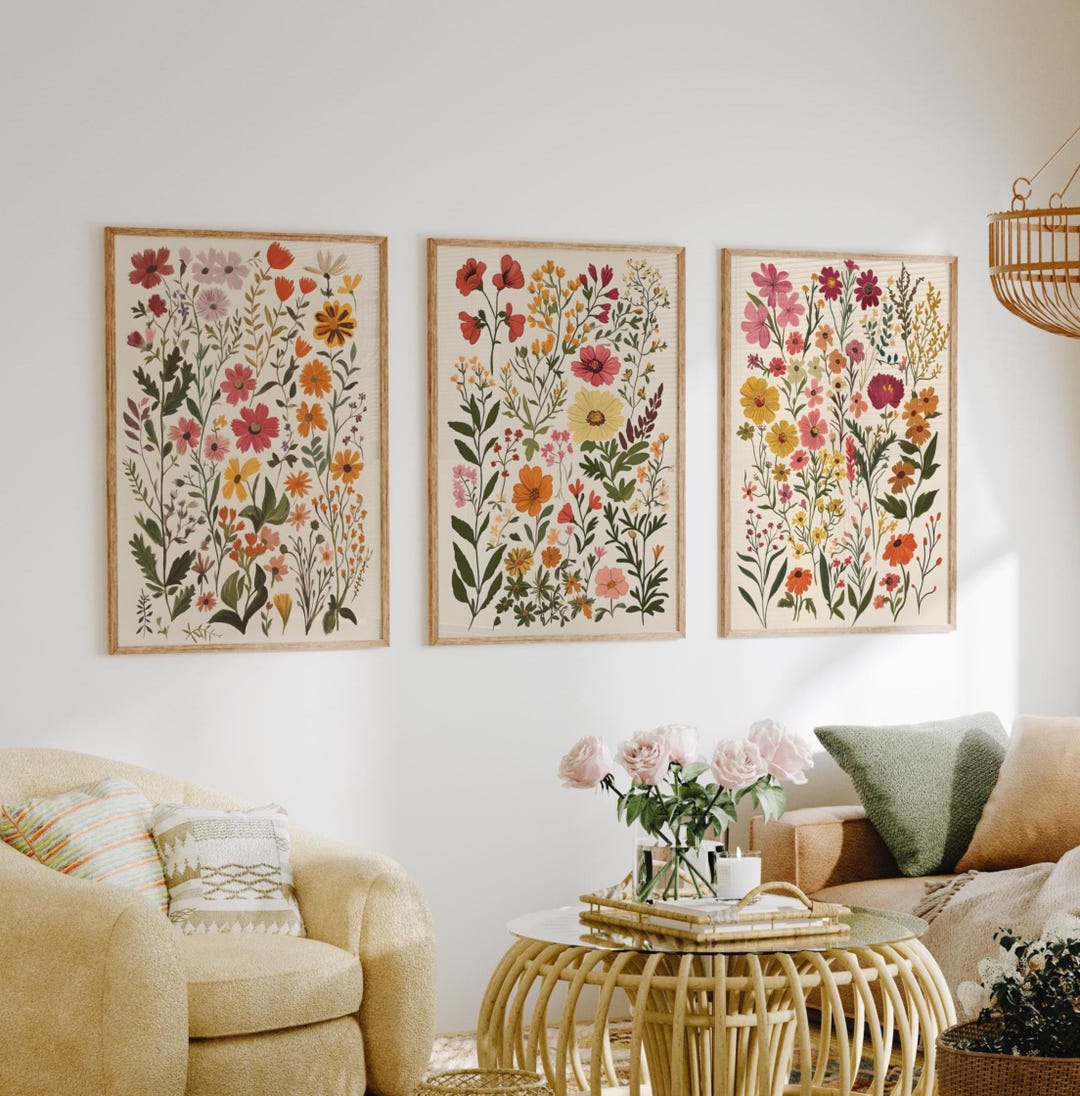 Colorful Wildflower Print Set of 3, Boho Flower Botanical Art Printable ...
