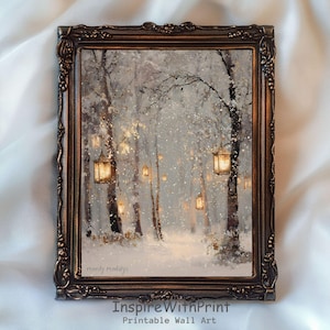 Moody Christmas Lights Print, Cottage Winter Snowy Landscape Printable Festive Holiday Season Wall Art,  Neutral Nostalgic Christmas Art