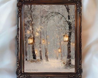 Moody Christmas Lights Print, Cottage Winter Snowy Landscape Printable Festive Holiday Season Wall Art,  Neutral Nostalgic Christmas Art