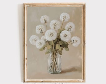 Dandelion Wall Art Printable Soft Neutral Beige White Flower Print, Vintage Floral Wall Art, Dandelion Flower Print, Spring Wall Decor Art