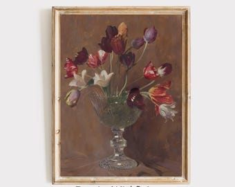 Tulips Wall Art, Spring Botanical Print, Vintage Tulip Painting, Moody Spring Wall Decor, Tulip Flower Vase Print, Floral Wall Art Printable