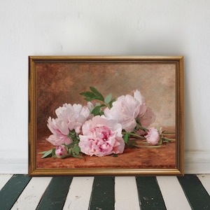 Vintage Pink Peonies Still Life Painting, Digital Download Moody Pink Flower Print, Artful Peony Wall Art, Printable Antique Floral Print