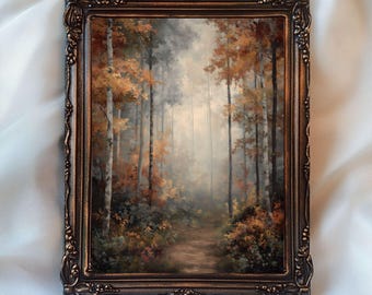 May include: A framed landscape painting depicting a forest scene with tall trees and a path. The artwork features autumn colors, with shades of brown, orange, and yellow. The frame is ornate, with a dark bronze finish. The text "InspireWithPrint Printable Wall Art" is visible.