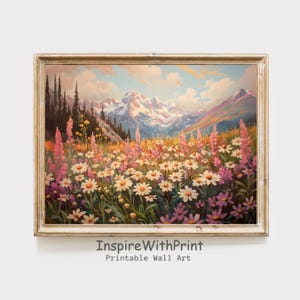 Mountain Wildflower Landscape Art Printable Spring Summer Wall Decor, Colorful Flower Meadow Field Painting Boho Mountain Landscape Wall Art