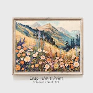 Mountain Wildflower Landscape Print, Colorful Flower Field Art Print, Printable Mountain Landscape Wall Art, Summer Colorful Flowers Print