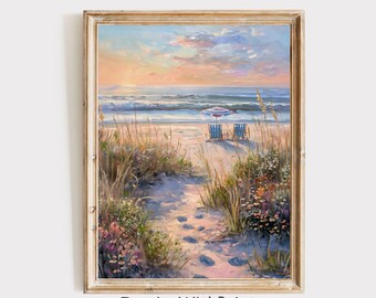 パステル調の海岸風景ウォールアート、柔らかな夕焼けの海の絵画プリント、ビーチの小道の海景アートワーク、リビングルームのコテージ風サマーデコレーション