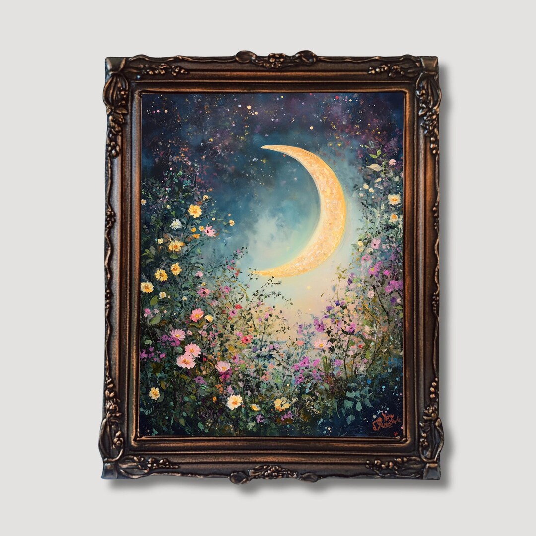 Celestial Crescent Moon Print, Whimsical Floral Wall Art, Dreamy Night ...