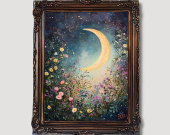 Celestial Crescent Moon Print, Whimsical Floral Wall Art, Dreamy Night Garden Painting, Cottagecore Decor for Bedroom, Gallery Wall