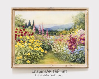 English Flower Garden Painting, Cottage Spring Flower Landscape Art Printable  Colorful Watercolor Floral Art, Summer Farmhouse Wall Decor