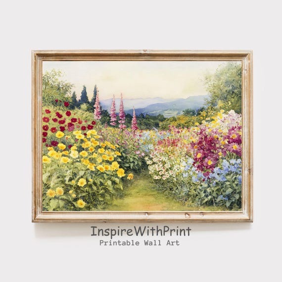 イギリスの花の庭の絵画、コテージの春の花の風景画、印刷可能な