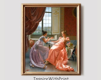 ヴィンテージ女性のゴシップ絵画、デジタルダウンロードゴシップガールズウォールアート、アンティーク女性の肖像画プリント、ビクトリア朝女性のウォールアート