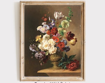 ヴィンテージ花瓶の花 ヴィンテージの花柄油絵、花瓶の花、コテージコアプリント（デジタル