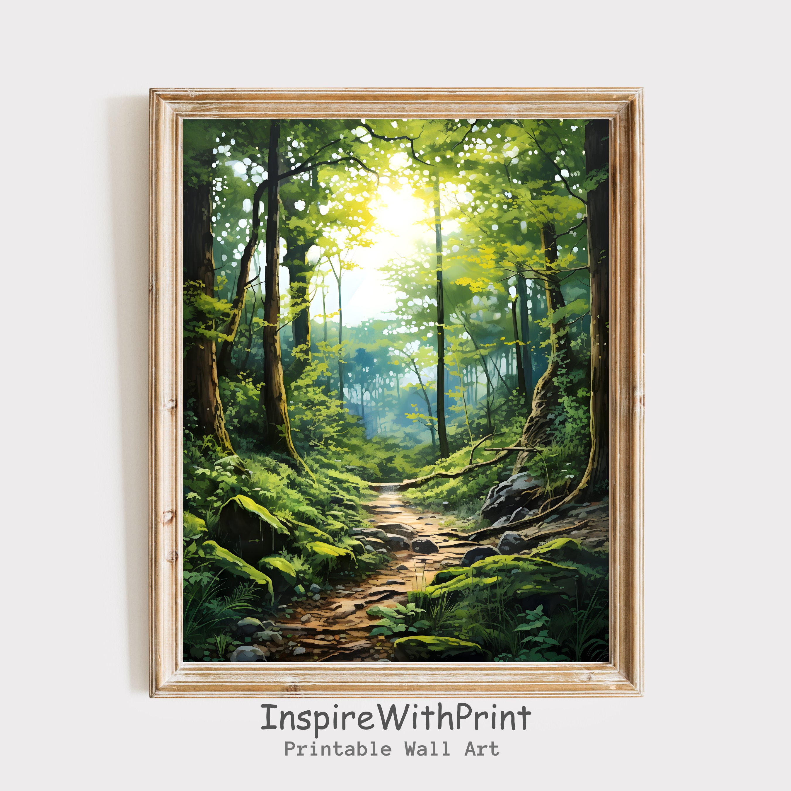 Calming Forest Painting, Digital Download, Green Forest Wall Art