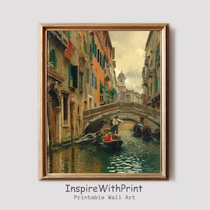 Venice Canal Bridge Painting, Digital Download Vintage Canal Landscape, Venice CityScape Print, Italy Traveling Art, Canal Boat Art Print