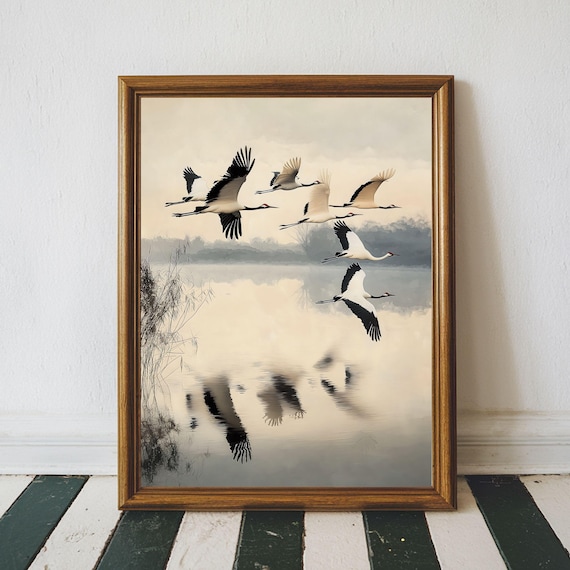Flying Cranes Wall Art, Japandi Style Art Printable Flock of Birds