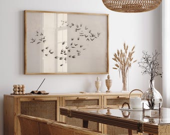 Art mural volée d'oiseaux, impression de volée d'oiseaux, dessin d'esquisse d'oiseaux, affiche d'oiseaux en vol, art de la silhouette d'oiseau, impression de nature neutre minimaliste