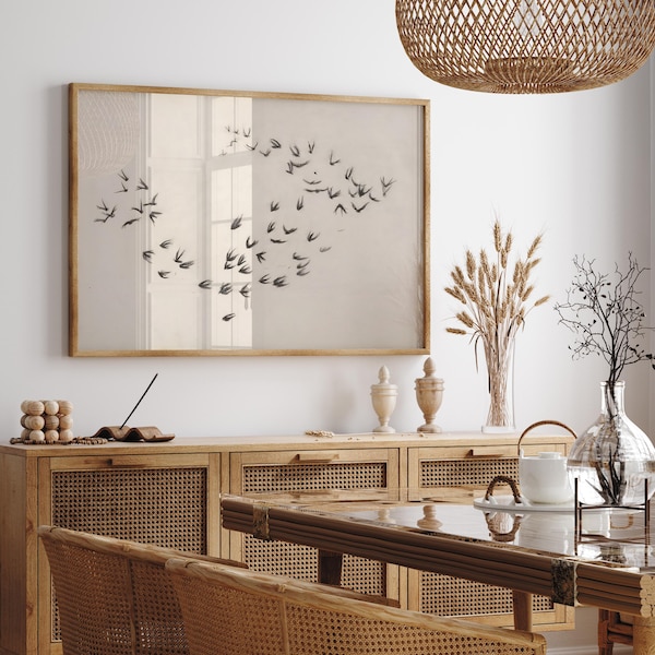 Arte mural de bandada de pájaros, impresión de bandada de pájaros, dibujo de bocetos de pájaros, póster de pájaros en vuelo, arte de silueta de pájaro, impresión minimalista de naturaleza neutra